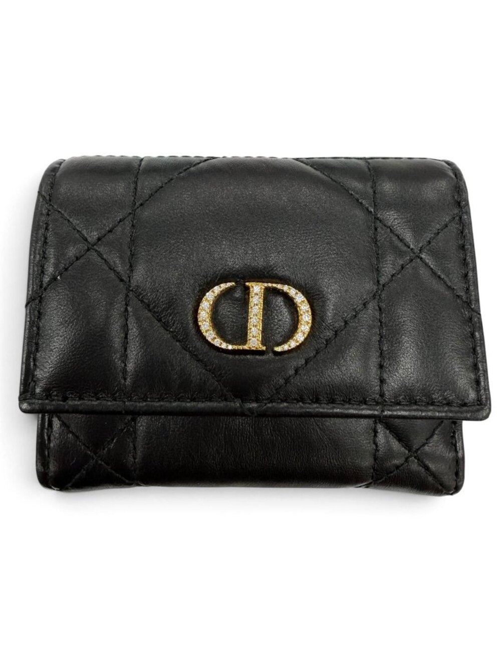 Dior Caro Hibiscus Crystal Wallet Leather Rhinestone Black